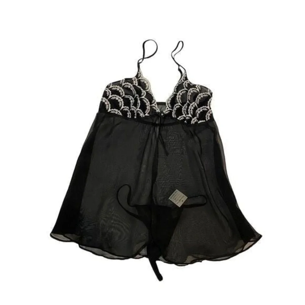 Black‎ Sheer Embroidered Bodice Open Front Teddy Slip Mini Dress Size Small